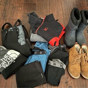 Kids Ski Snow Bibs, Spyder Fleece, North face Beanies- Size Small- 11 items